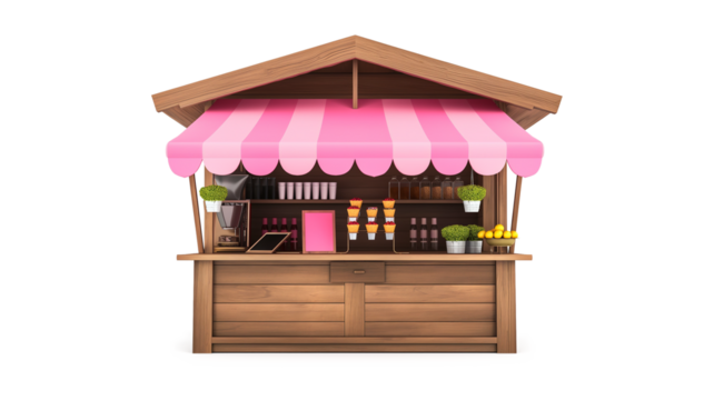 Outdoor Food Stand with Pink Awning and Menu Board isolated on a transparent background
