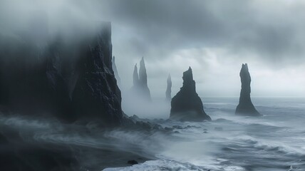  A rugged coastal landscape with towering sea stacks rising from the turbulent ocean, shrouded in...