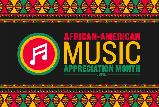 June is African American Music Appreciation Month or black music month geometric shape pattern background and music icon template. Holiday concept. use to background, banner, placard, card, and poster