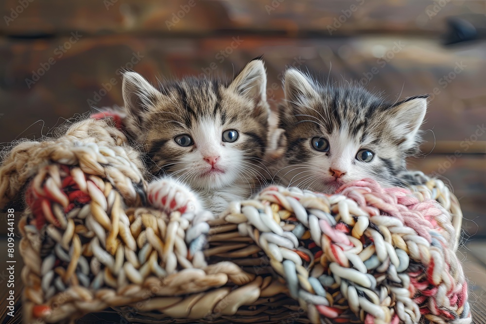 Poster two kittens are seated inside a basket with knitted blankets. generative ai
