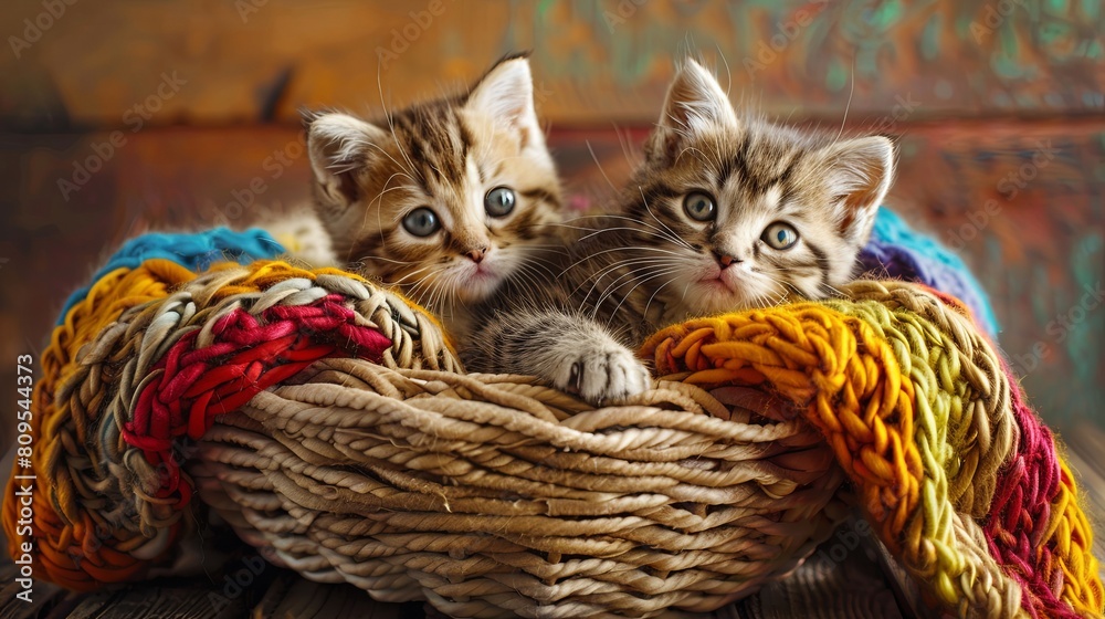 Poster adorable kittens snuggled in a basket with knitted blankets, looking cozy and content together. gene