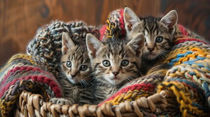 Three adorable kittens are sitting in a woven basket with knitted blankets. Generative AI