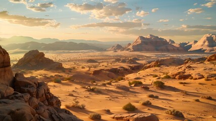  A rugged desert landscape dotted with towering rock formations and sparse vegetation, with the sun setting behind distant sand dunes. . 
