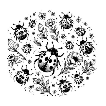 black and white ladybugs and flowers design clip art preview