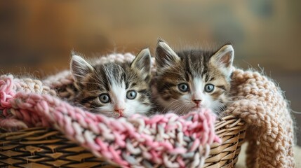 Naklejka premium Three adorable kittens are seated together in a basket with knitted blankets, showcasing companionship and cuteness. Generative AI