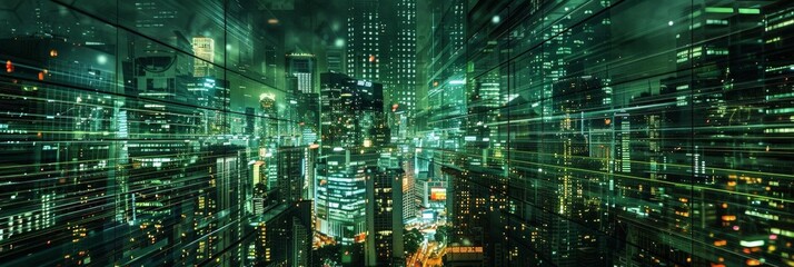 a bustling cityscape featuring towering skyscrapers, a bustling street, and a mix of modern and traditional architecture