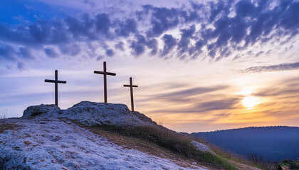 Three Crosses at dramatic sunset on Calvary Hill