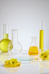 Template of calendula flower and lab items for designing with transparent empty platform and several types of glassware filled by yellow essence. Front view photo with blank space for displaying