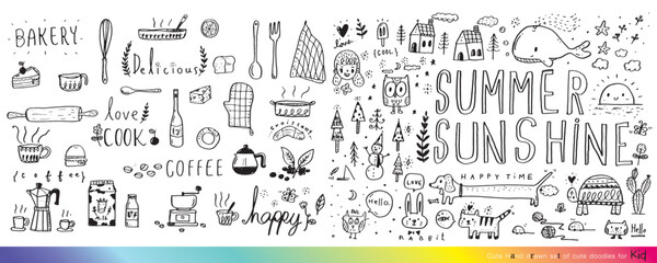 Collection of hand drawn cute doodles,Doodle children drawing,Sketch set of drawings in child style,Funny Doodle Hand Drawn,Page for coloring, cute animal,Foods doodles hand drawn  vector 