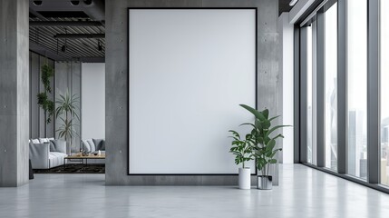 Contemporary office space featuring a blank poster ready for branding and design mockups