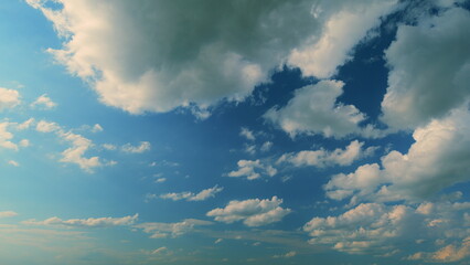 Airy Snow-White Clouds Move. Climate And Weather. Beautiful Background Sunny Cloudy Blue Skyscraper.