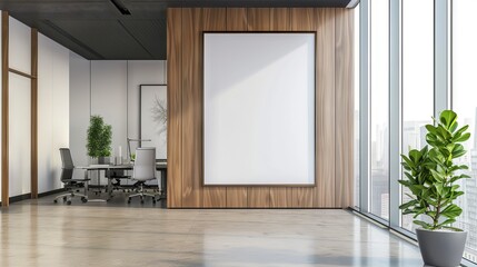 Contemporary office space featuring a blank poster ready for branding and design mockups