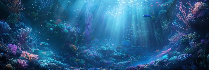 a colorful underwater world featuring a variety of fish, including blue, orange, and small blue fish, as well as a large blue fish, swimming in a vibrant blue underwater world