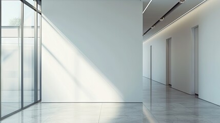 Obraz premium Spacious modern office with blank white wall and large windows for natural light - Ideal for business mockups, 3d rendered interior design