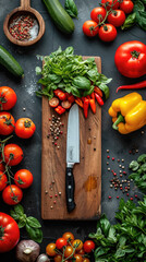 fresh vegetables around the board with knife top view, in the style of uhd image
