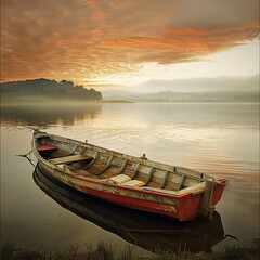Old, wooden rowboat on a calm lake at dawn, a Bible its only cargo, a journey into stillness, super realistic