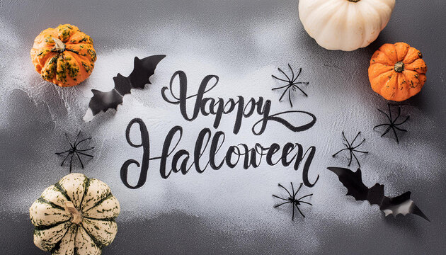 Handwritten calligraphy with spider webs and bats for happy Halloween greeting card