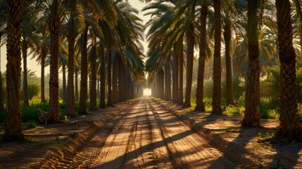 Obraz premium Sunset light filtering through palm grove