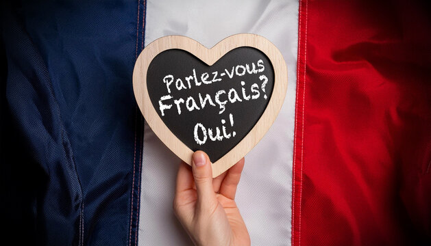 Close-up of a hand holding a heart-shaped blackboard with wooden frame and question, Parlez-vous Francais? and Oui! (Do you speak French? and Yes!). Against a French Flag. Generative Ai.