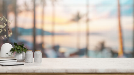 A space on a white marble tabletop, with a blurred background featuring a beautiful beach at sunset.