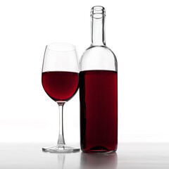 Red wine bottle and glass isolated on white background