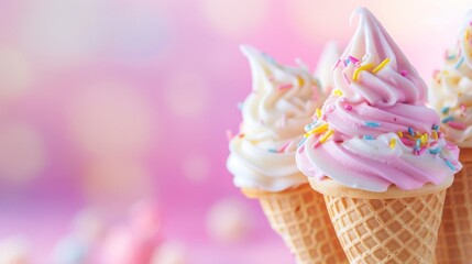 Ice cream day background copy space on the left. A closeup of ice cream cones with colorful swirls and sprinkles, set against a pastel pink background