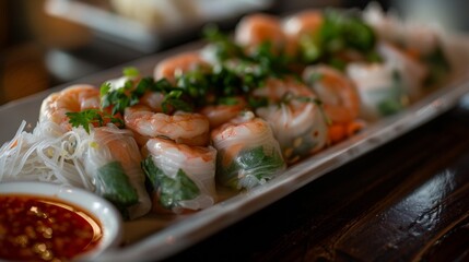 Thai spring rolls with shrimp, vermicelli and herbs, seasoned with sweet chili sauce.