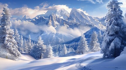 Snowy mountain with beautiful snow covered trees environment