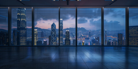 Office courtyard we see through the window the towering buildings and lights, at night