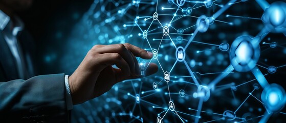 Business executive interacting with advanced blockchain interface - Global data connectivity and cybersecurity visualization