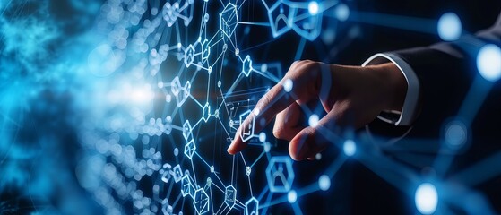 Business executive interacting with advanced blockchain interface - Global data connectivity and cybersecurity visualization