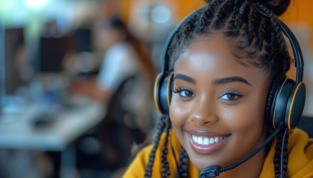 Happy call center agent wearing a headset talking to a client working in customer support

