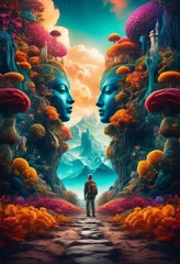 illustration, enigmatic surreal scenery surprising features, landscape, elements, unusual, bizarre, strange, fantasy, peculiar, dreamlike, mystical, unconventional