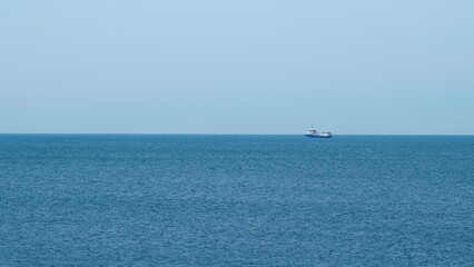 Fishing Vessel Sailing On Waves In Sea To Fish. Sea Summer Ocean Daylight Nature Background. Real time. © artifex.orlova