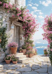 A stone house with pink flowers on the wall sea view