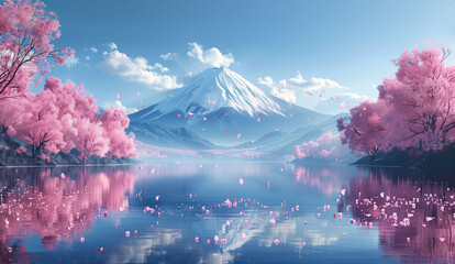 Pink cherry blossom in full bloom in front of Mount Fuji with a lake