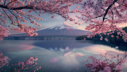 Pink cherry blossom in full bloom in front of Mount Fuji with a lake