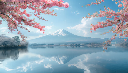 Pink cherry blossom in full bloom in front of Mount Fuji with a lake
