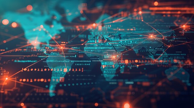 Futuristic blockchain interface display with global map - Decentralized network and cryptocurrency concept for business and finance