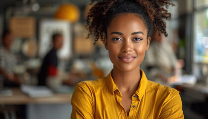 Fototapeta premium Portrait of a happy black woman working in a busy modern workplace