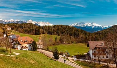 Alpine spring view near Klobenstein, Ritten, Eisacktal valley, South Tyrol, Italy