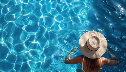 Woman wearing sun hat relaxing in swimming pool