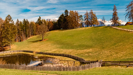 Alpine spring view with reflections in a pond near Klobenstein, Ritten, Eisacktal valley, South...