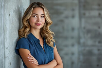 Fototapeta premium Portrait of stylish young professional woman with short blonde hair and crossed arms, vibrant office fashion
