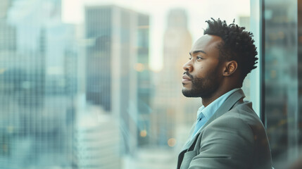 African American businessman looking out window in modern office - Powered by Adobe