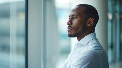 African American businessman looking out window in modern office - Powered by Adobe