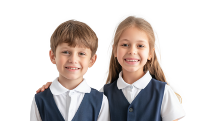Primary school smiling boy girl isolated on a transparent background
