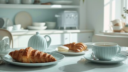 Cozy Morning Breakfast Scene with Fresh Croissants and Coffee