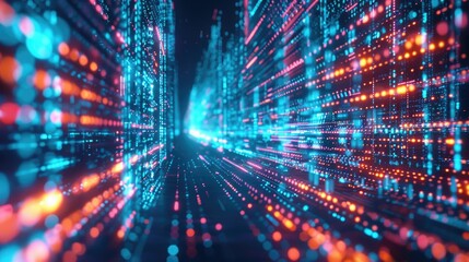 Futuristic Digital Data Stream in Neon Blue and Red Hues