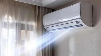In a room filled with ample natural light, an air conditioner on a white wall dissipates the cold, effectively keeping you cool and comfortable - obrazy, fototapety, plakaty